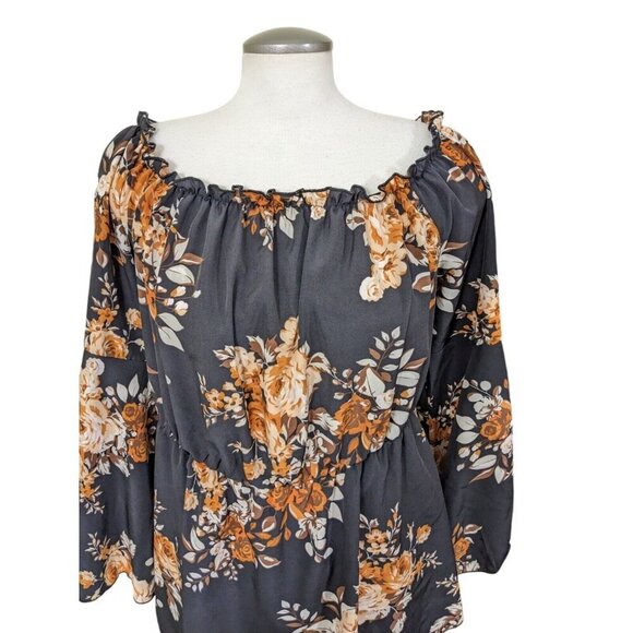 Fairy Goth Top Womens Plus 2XL Black Brown Floral Cottage Y2K Bell Long Sleeve - Picture 3 of 9